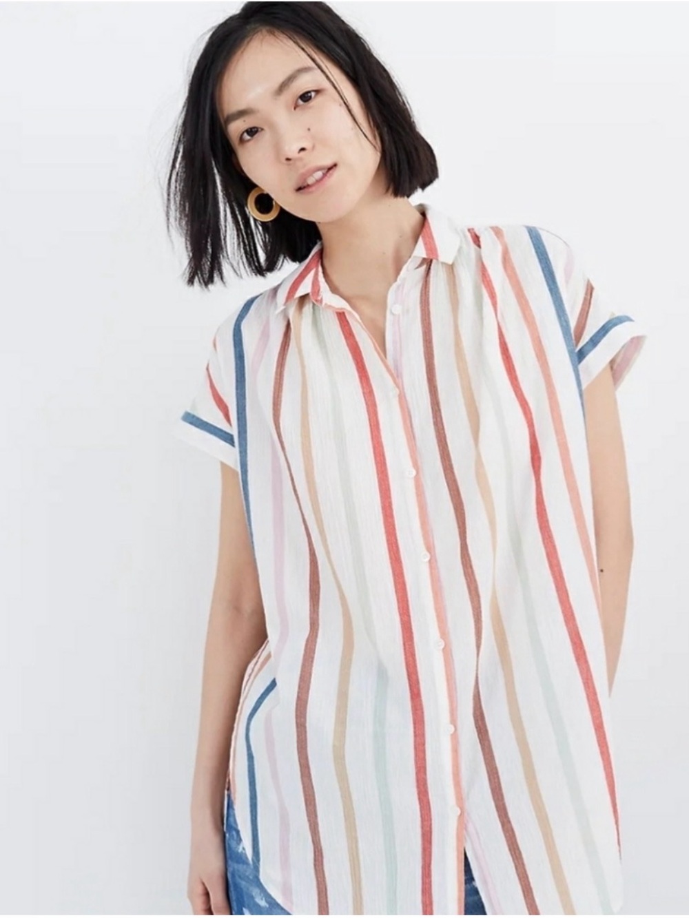 Madewell Gauzy Striped Button-Front Short Sleeve Shirt - White with Rainbo Strip
